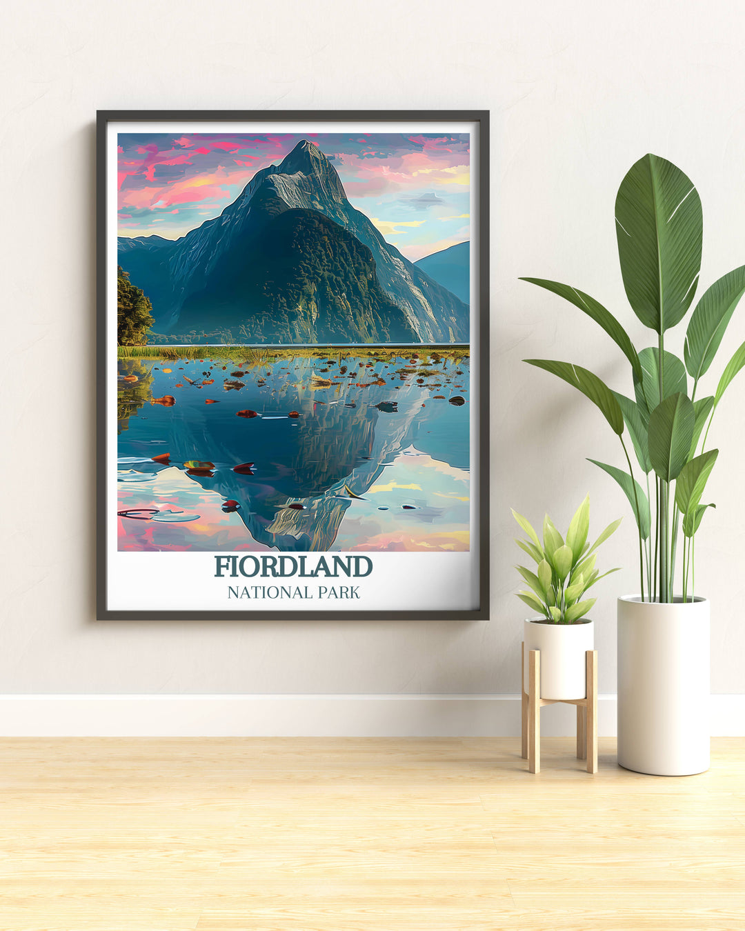 Artistic representation of Mitre Peaks dramatic silhouette against a clear sky, capturing the essence of this iconic landmark in a vintage travel print.