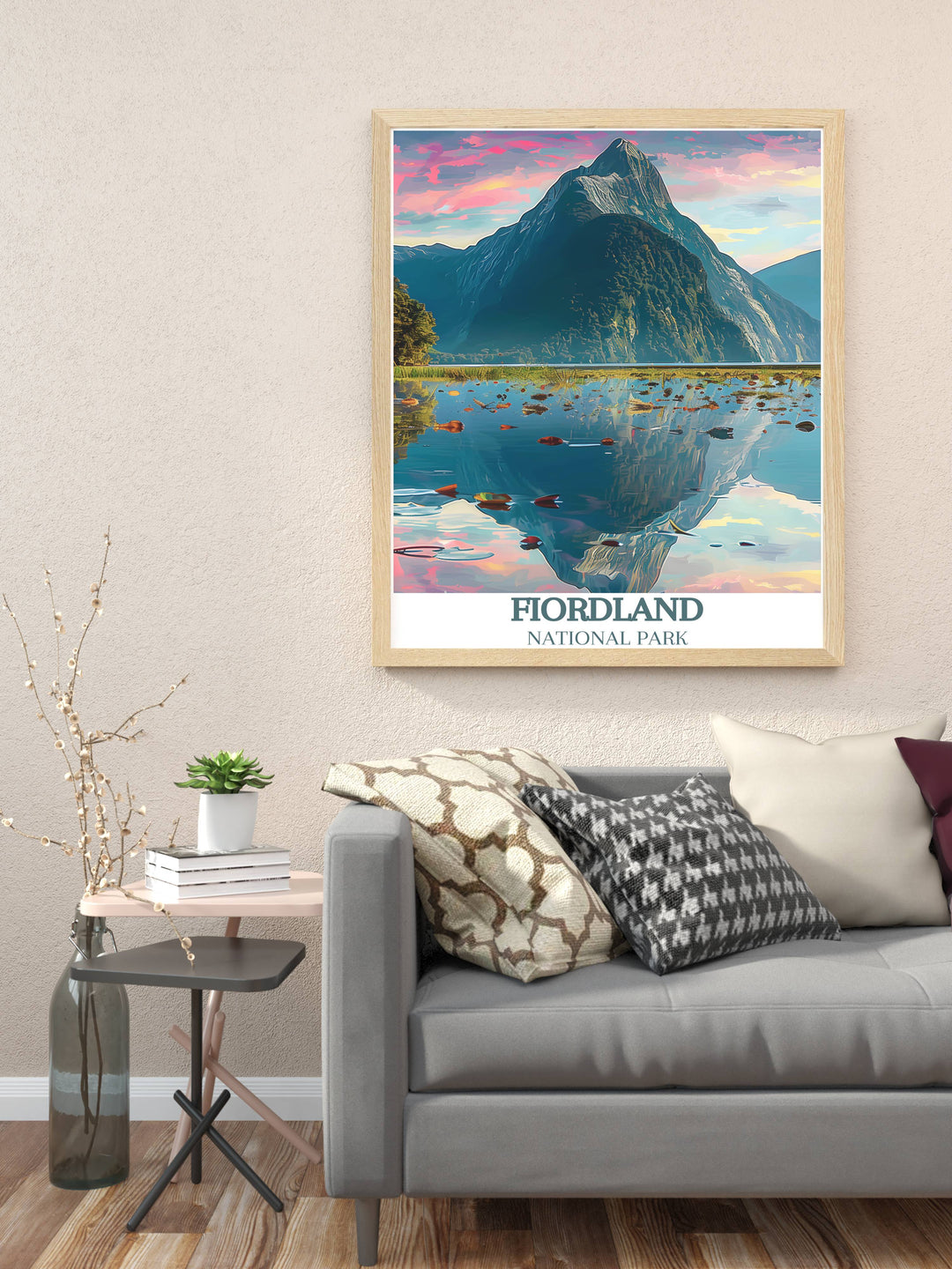 A serene depiction of Mitre Peak standing majestically over Milford Sound, with calm waters foregrounding this natural monument in a classic wall art print.