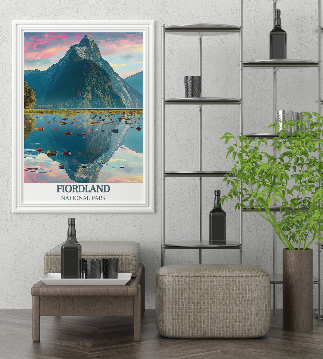 Fiordlands Mitre Peak bathed in the soft glow of dusk, emphasizing the peaceful solitude of the area in a beautifully crafted travel poster.