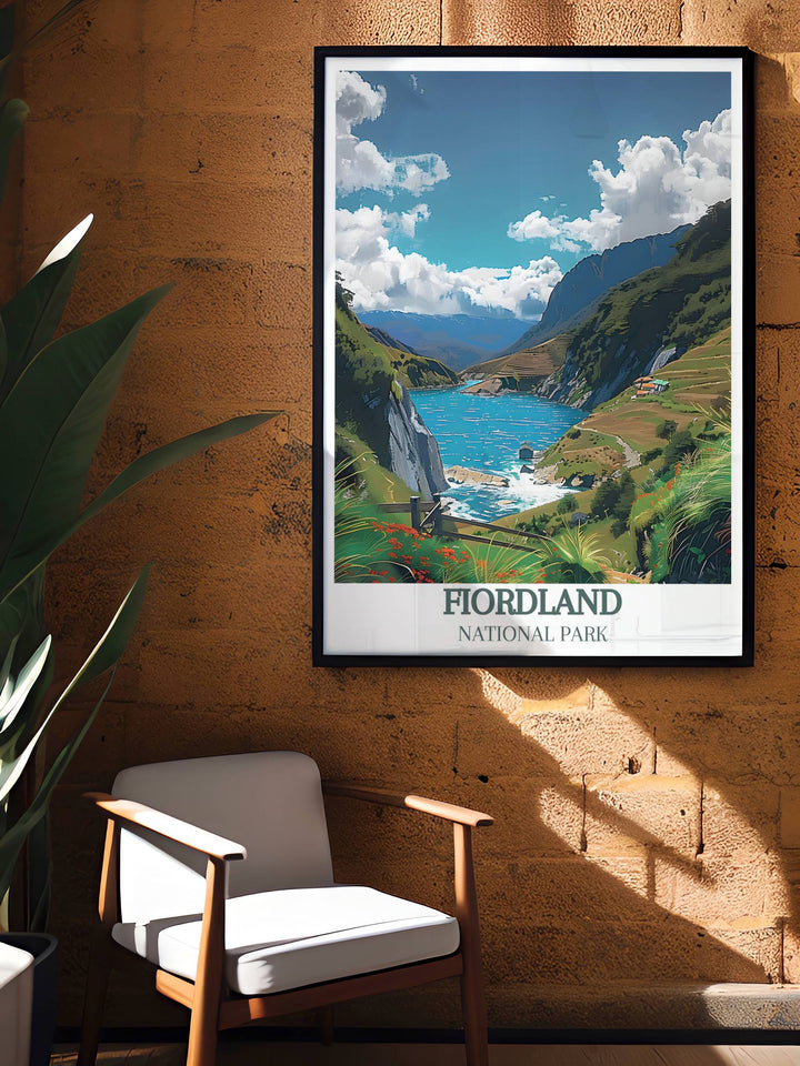 The rugged terrain and natural beauty of The Routeburn Track as it passes through Fiordland National Park, depicted in a visually striking print.