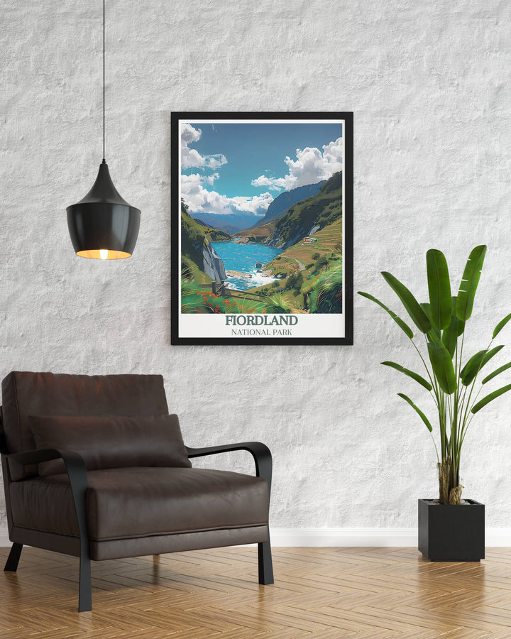 The lush greenery and clear skies of The Routeburn Track on a perfect hiking day, captured in a lively and refreshing art piece.