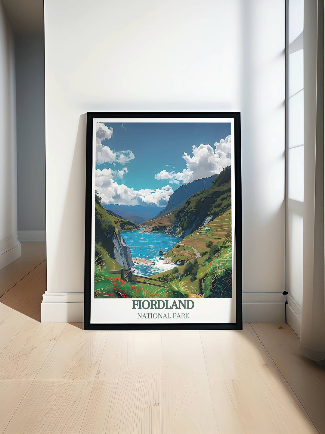 Panoramic view of The Routeburn Track showing the path winding through lush forests with towering mountains in the background, captured in an exquisite fine art print.