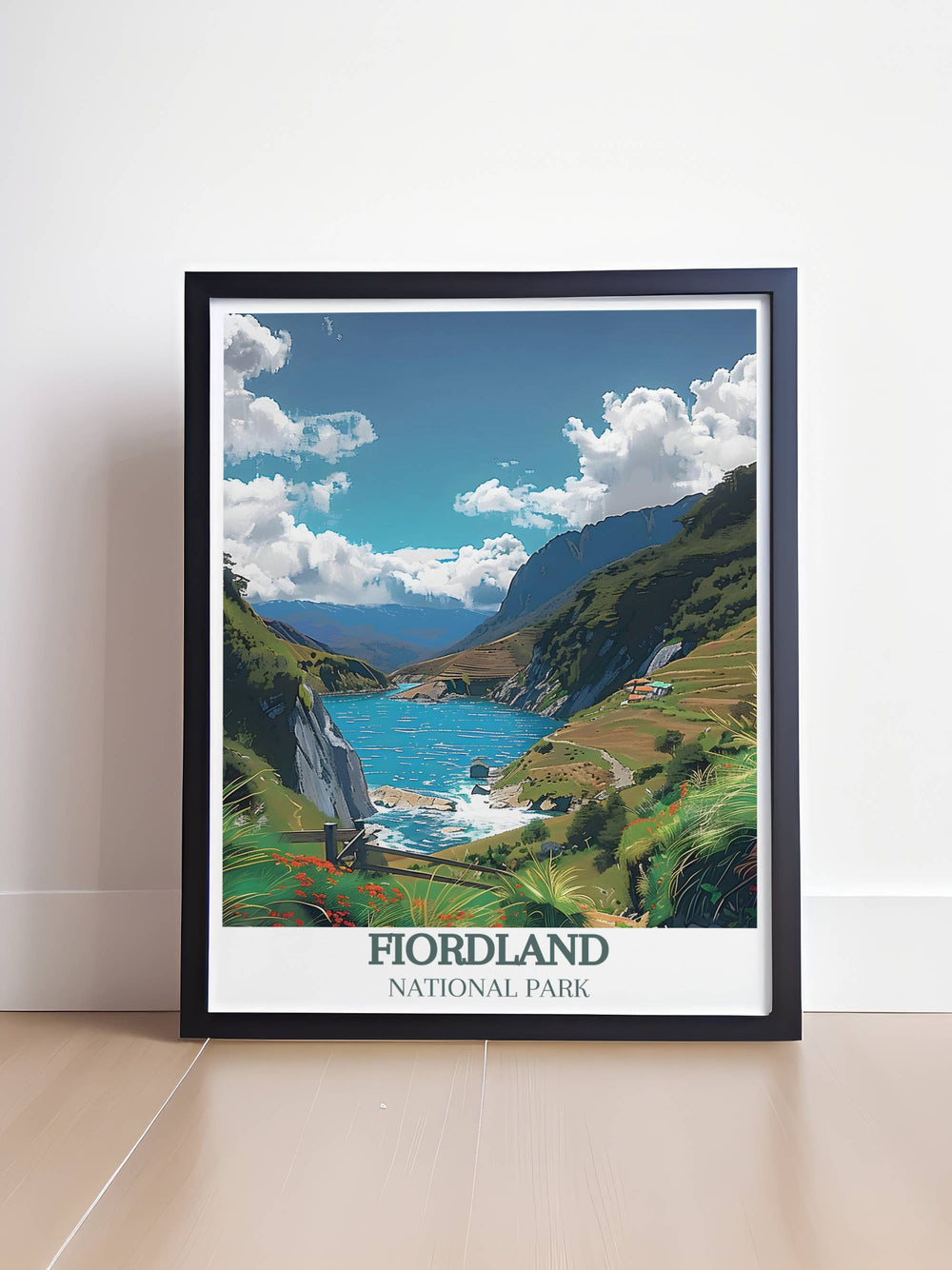 Sunrise over The Routeburn Track illuminating the peaks and valleys in warm golden tones, beautifully rendered in a high quality wall art piece.