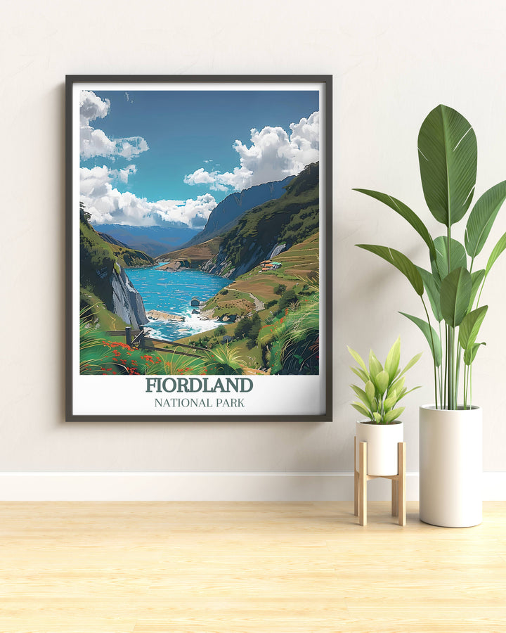 The clear waters of Routeburn Falls cascading along the track, showcased in a vibrant piece of modern wall décor.