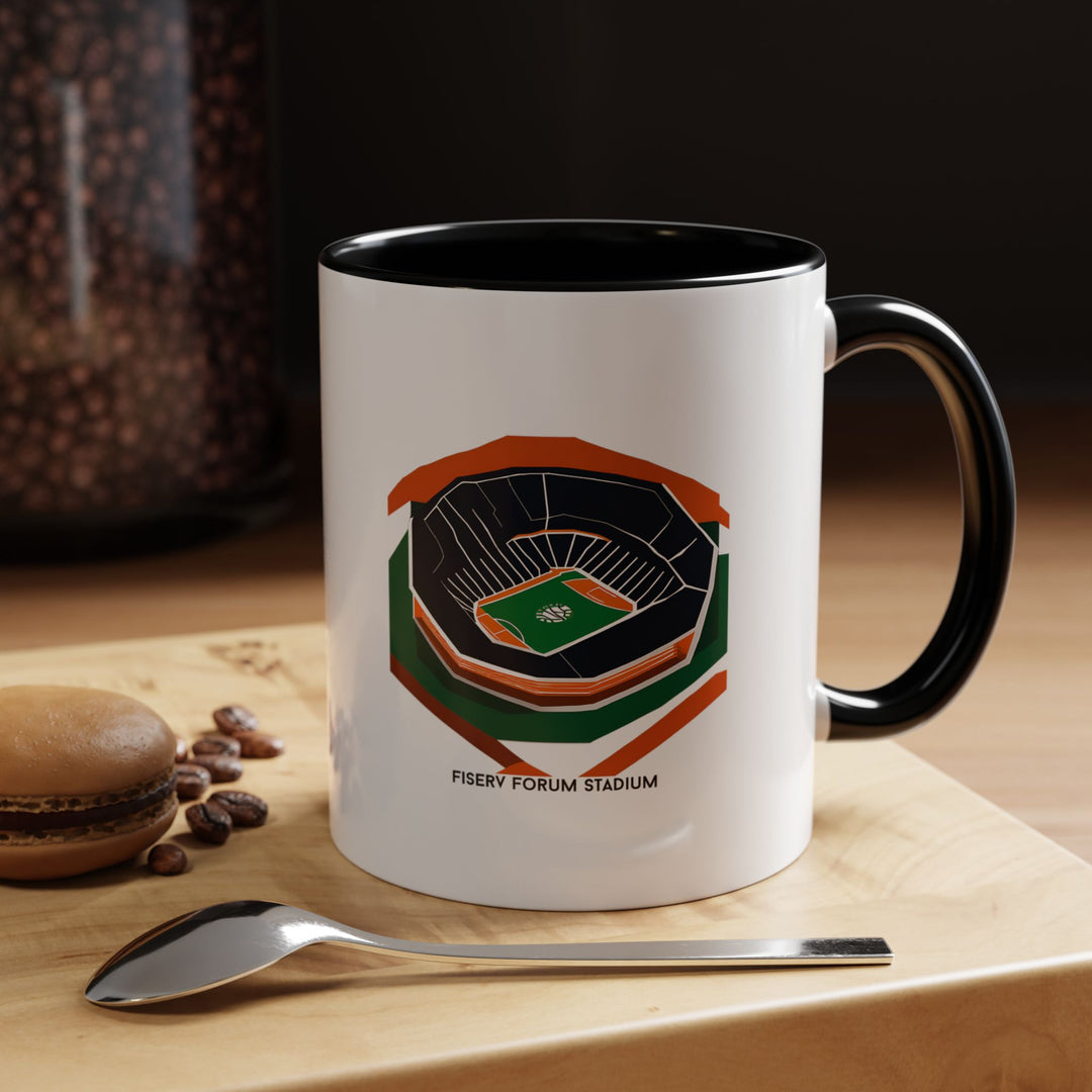 A sleek black Fiserv Forum stadium mug with a clear depiction of the Milwaukee Bucks arena. Perfect for any supporter who wants subtle yet meaningful fan merch. Great for enjoying hot drinks while staying connected to the excitement of Milwaukee basketball and the spirit of The Deer District.