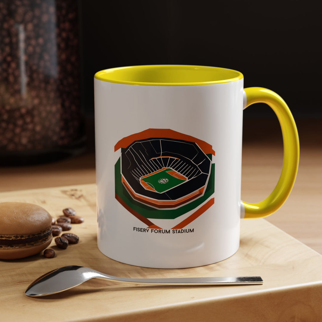 This yellow Fiserv Forum stadium mug brightens any space while showcasing the iconic Milwaukee Bucks arena. A great fan collectible and daily drinkware item for enjoying coffee or tea while remembering the energy of game nights, playoff battles, and the pride of The Deer District.