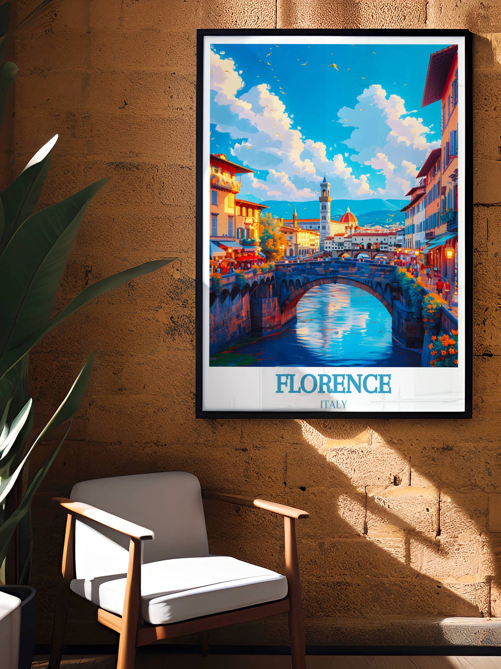 Festive lights on Ponte Vecchio turn the bridge into a celebratory travel poster, a vibrant decor print for those who love art that captures the spirit of Florence
