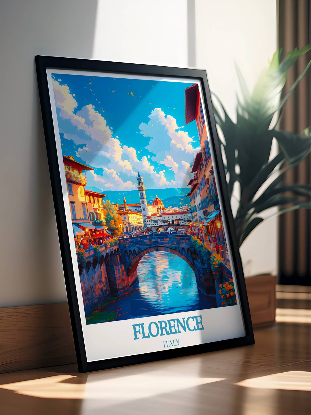 A rainy day at Ponte Vecchio brings a reflective mood to travel posters, offering a decor print that merges the rich history of Florence with contemporary art tastes