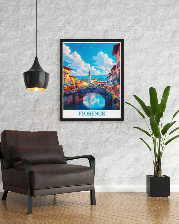 An aerial view of Ponte Vecchio makes for a grand decor statement, serving as a stunning travel print that bridges the gap between art lovers and wanderlust