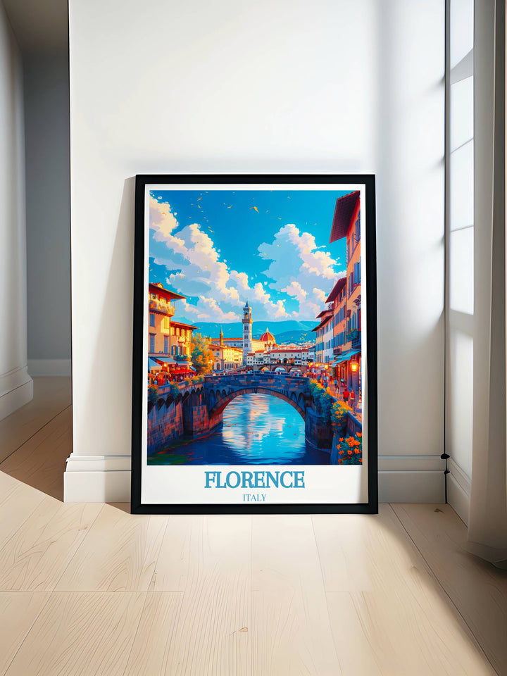 A vibrant sunrise over Ponte Vecchio transforms into art, its reflection in the Arno River creating a perfect print for travel and decor enthusiasts seeking a touch of Florence