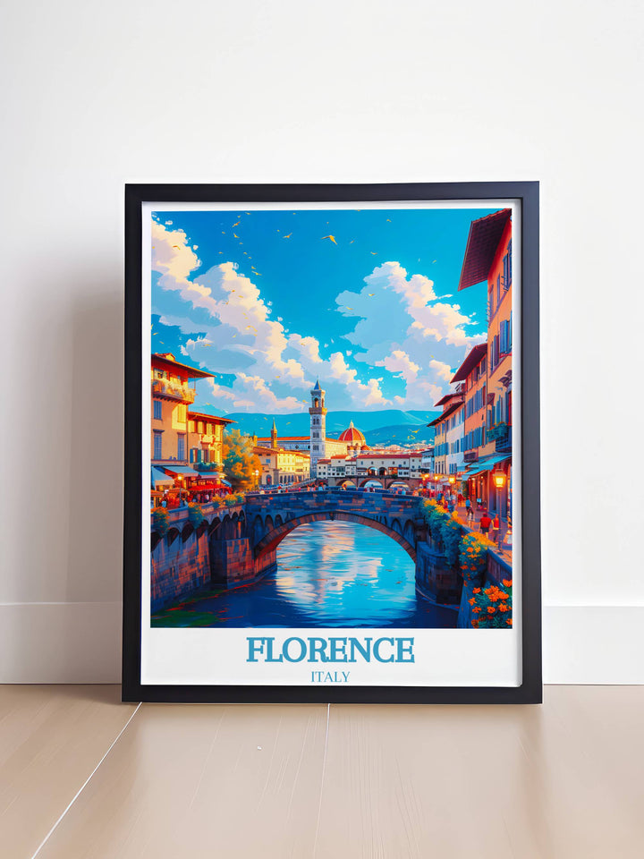 The golden sunset over Ponte Vecchio, captured in a print, highlights the bridges medieval architecture, appealing to lovers of travel posters and elegant wall decor.