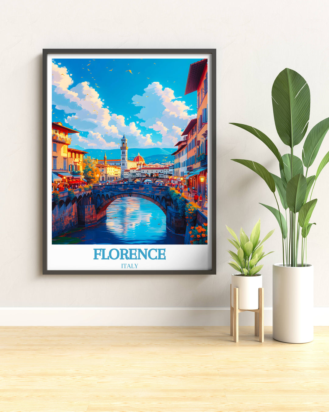Ponte Vecchio under winters snow offers a serene print option, ideal for those decorating with travel art that captures the landmarks timeless charm.
