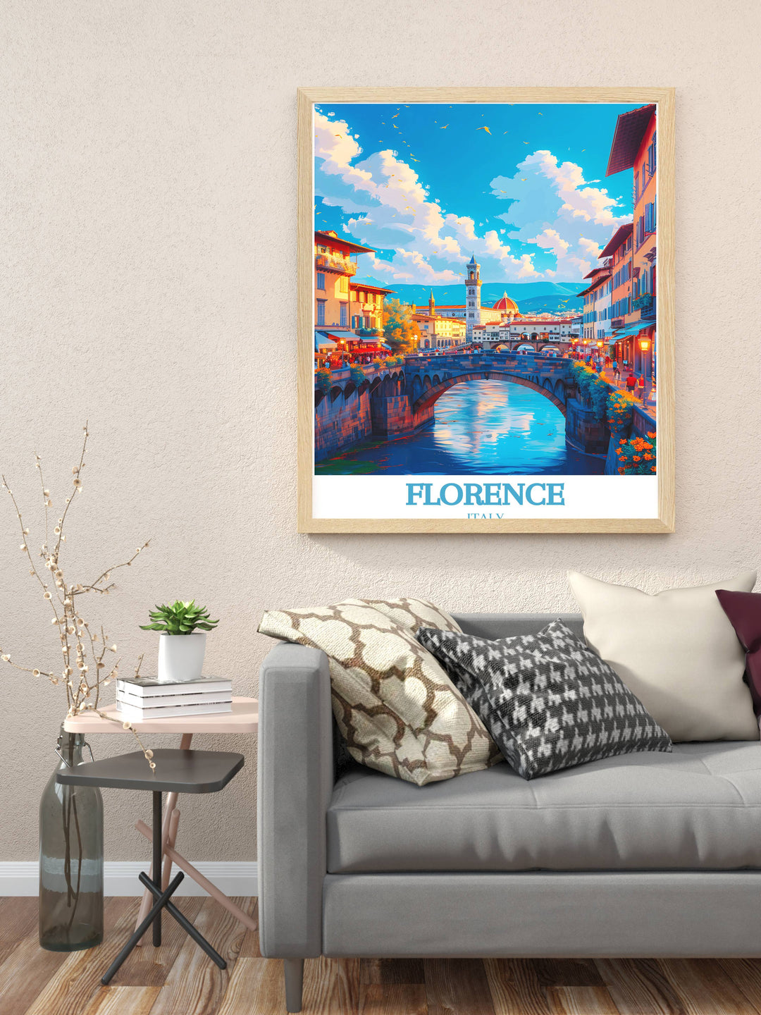 Ponte Vecchio at night, illuminated and reflected in the water, becomes a captivating decor print, perfect for those who love travel and art inspired by Florences romance