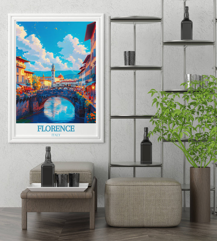 The quiet beauty of Ponte Vecchio in the early morning is a unique choice for travel posters, appealing to those who cherish art prints that speak of peaceful moments.