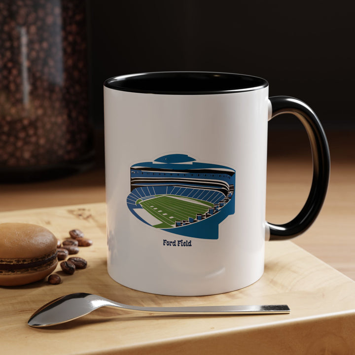 A sleek black Ford Field stadium mug featuring a clean, high-contrast illustration of the Detroit Lions’ home field. Designed for coffee, tea, and everyday enjoyment, this mug appeals to fans who like bold, timeless supporter merchandise that shows loyalty with subtle strength.