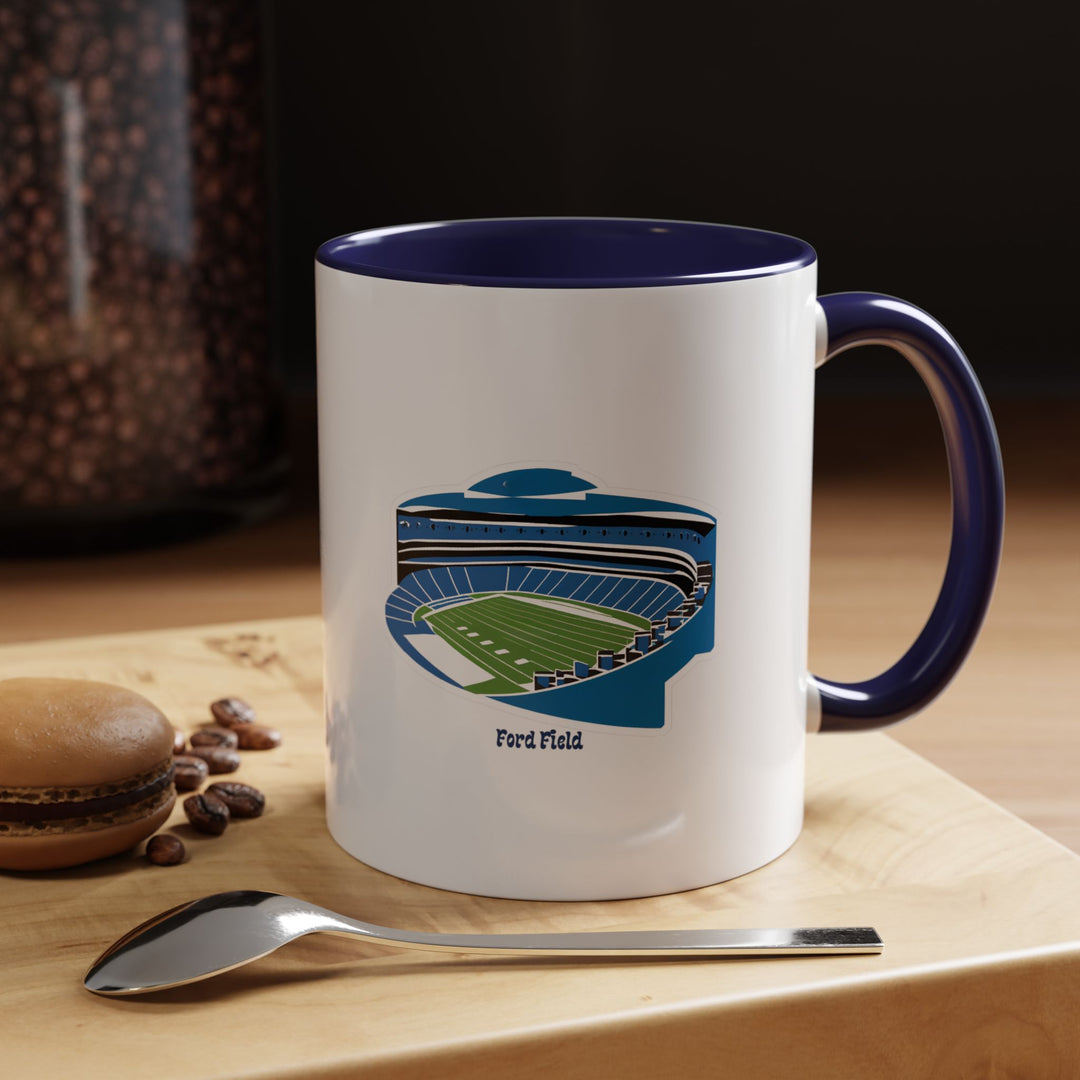 A refined navy blue Ford Field stadium mug that captures the arena’s iconic presence. Perfect for fans who prefer a classic and understated style while still representing their team pride. Suitable for daily use and makes an excellent supporter gift.