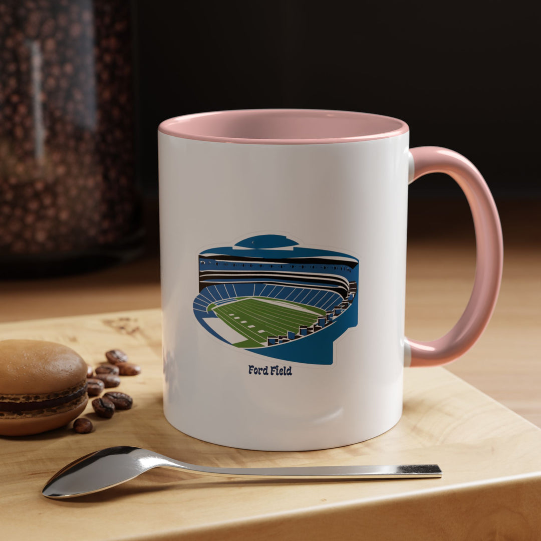 A stylish pink Ford Field stadium mug designed for supporters who enjoy fun, vibrant fan merchandise. Featuring the Detroit football arena in bold detail, this mug is perfect for hot beverages at home or the office, adding personality, spirit, and a touch of game-day excitement.