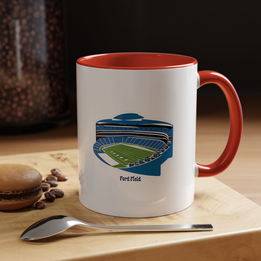A bright red Ford Field stadium mug featuring a detailed illustration of the Detroit Lions’ home arena. Perfect for football fans who love showing team pride during their morning coffee or tea. Durable ceramic build with a smooth handle makes it great for everyday use while celebrating the spirit of Detroit on game days and beyond.