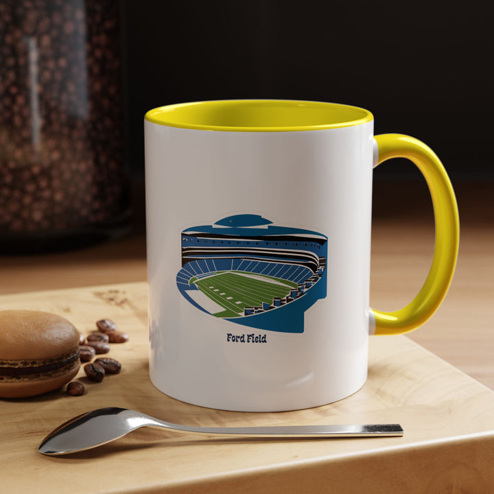 A lively yellow mug with a detailed artistic depiction of Ford Field, home of Detroit football. Great for fans who enjoy energetic and cheerful drinkware. Ideal for morning coffee, evening tea, or match-day traditions. Durable and collectible for proud Motor City supporters.