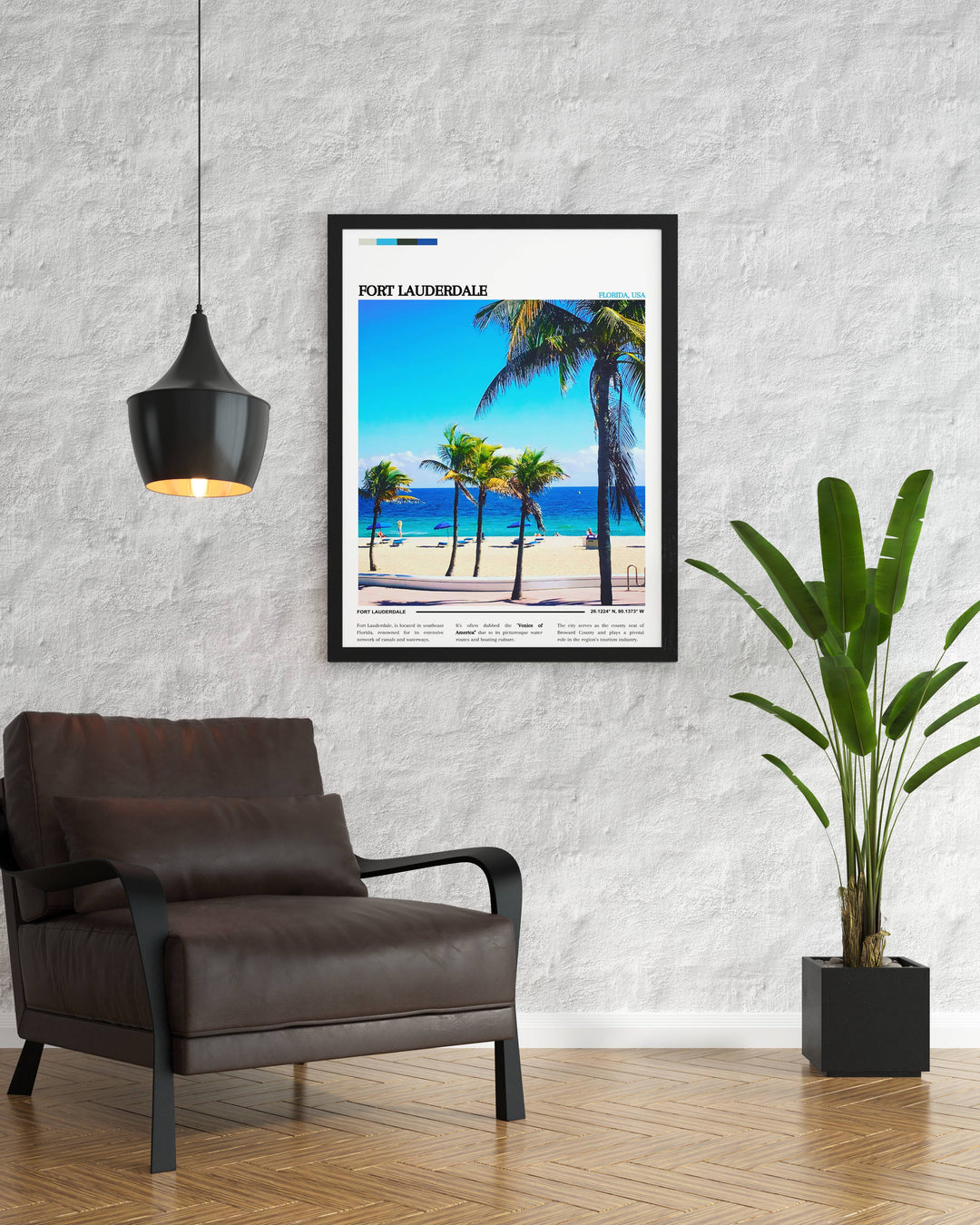 Stylish Florida travel print with a retro design featuring Fort Lauderdale's iconic beachfront promenade, suitable for adding a vintage flair to your home decor.