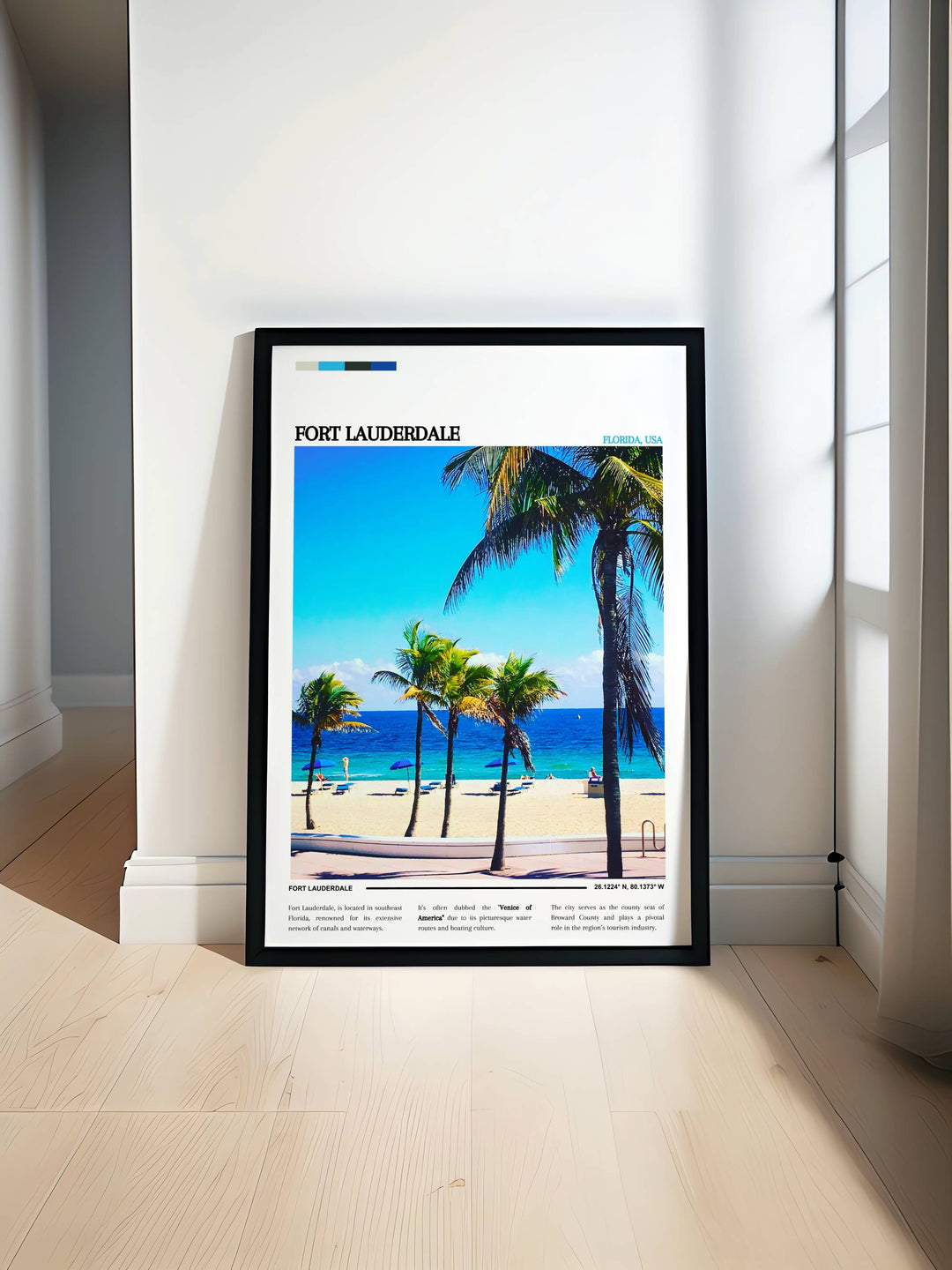 Vibrant Fort Lauderdale wall art featuring a panoramic beach scene with detailed depiction of the clear blue ocean and white sandy shores, perfect for adding a tranquil coastal vibe to any room.