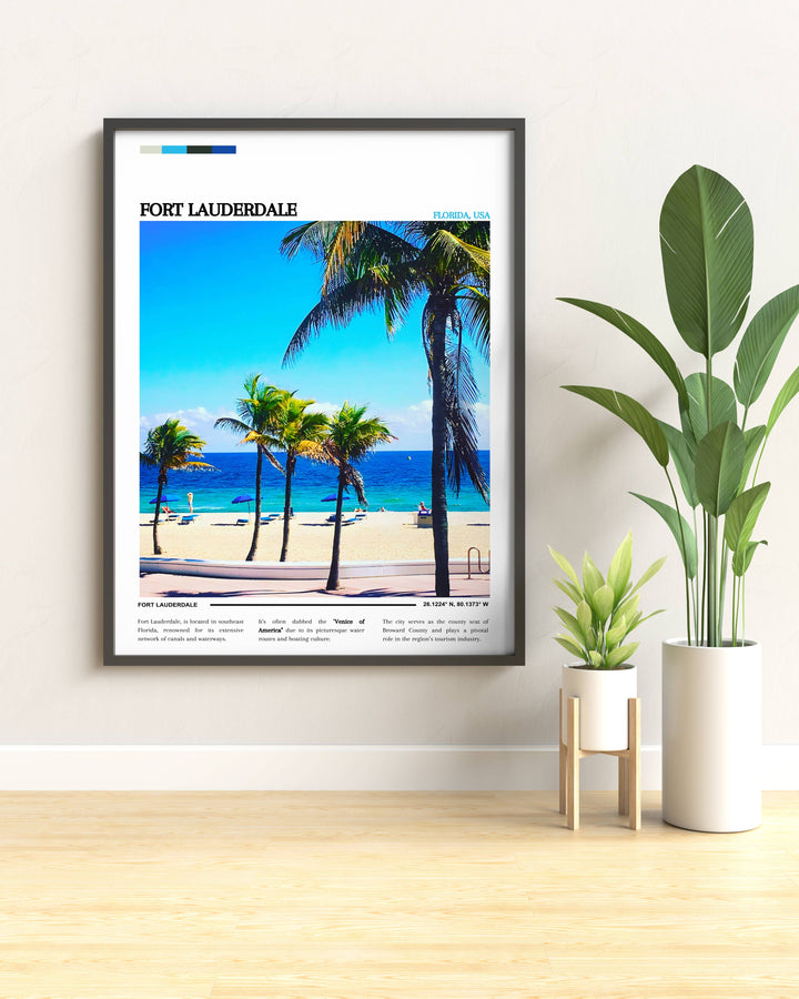 Elegant picture frame containing a classic black and white photograph of Fort Lauderdale's downtown skyline, offering a sophisticated option for office or study decor.