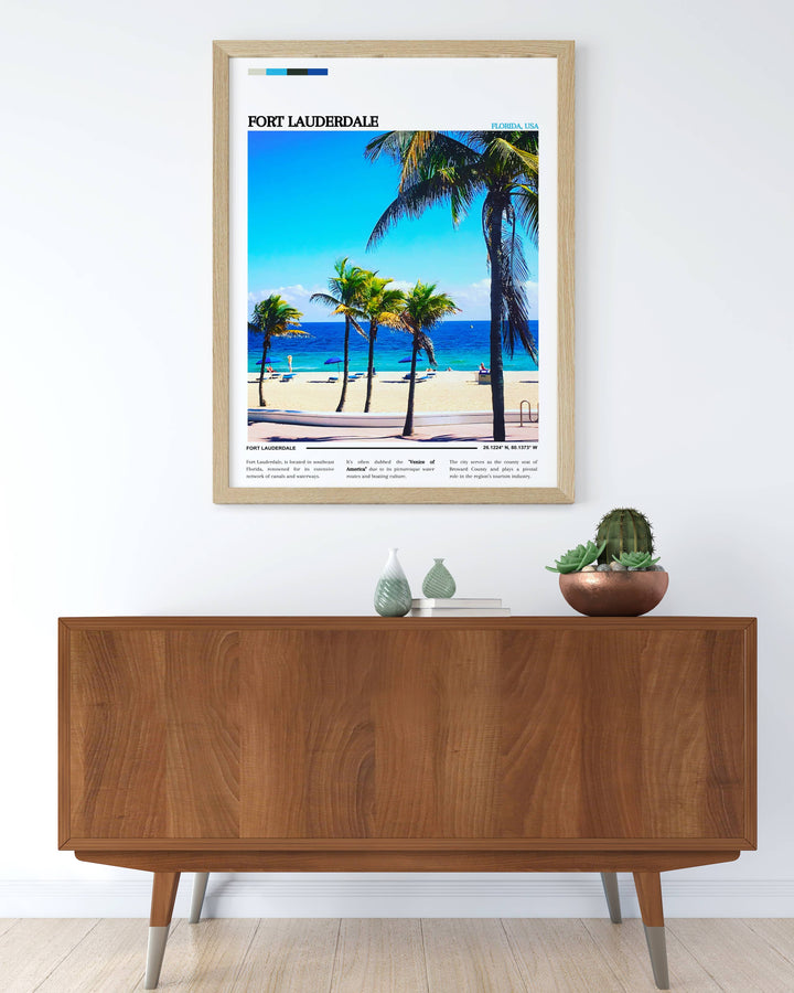Detailed Florida map poster highlighted with Fort Lauderdale’s tourist attractions, making it a useful and decorative piece for those who love to explore.