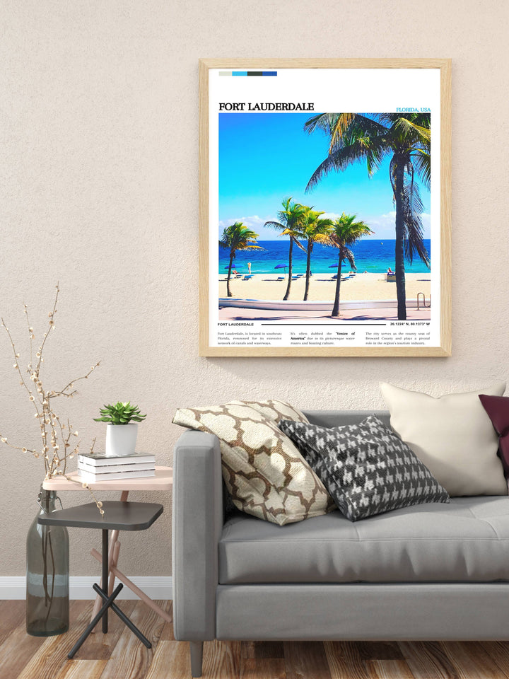 Captivating sunset over Fort Lauderdale’s coastline captured in a stunning wall art piece, bringing warmth and a sense of calm to any living space.