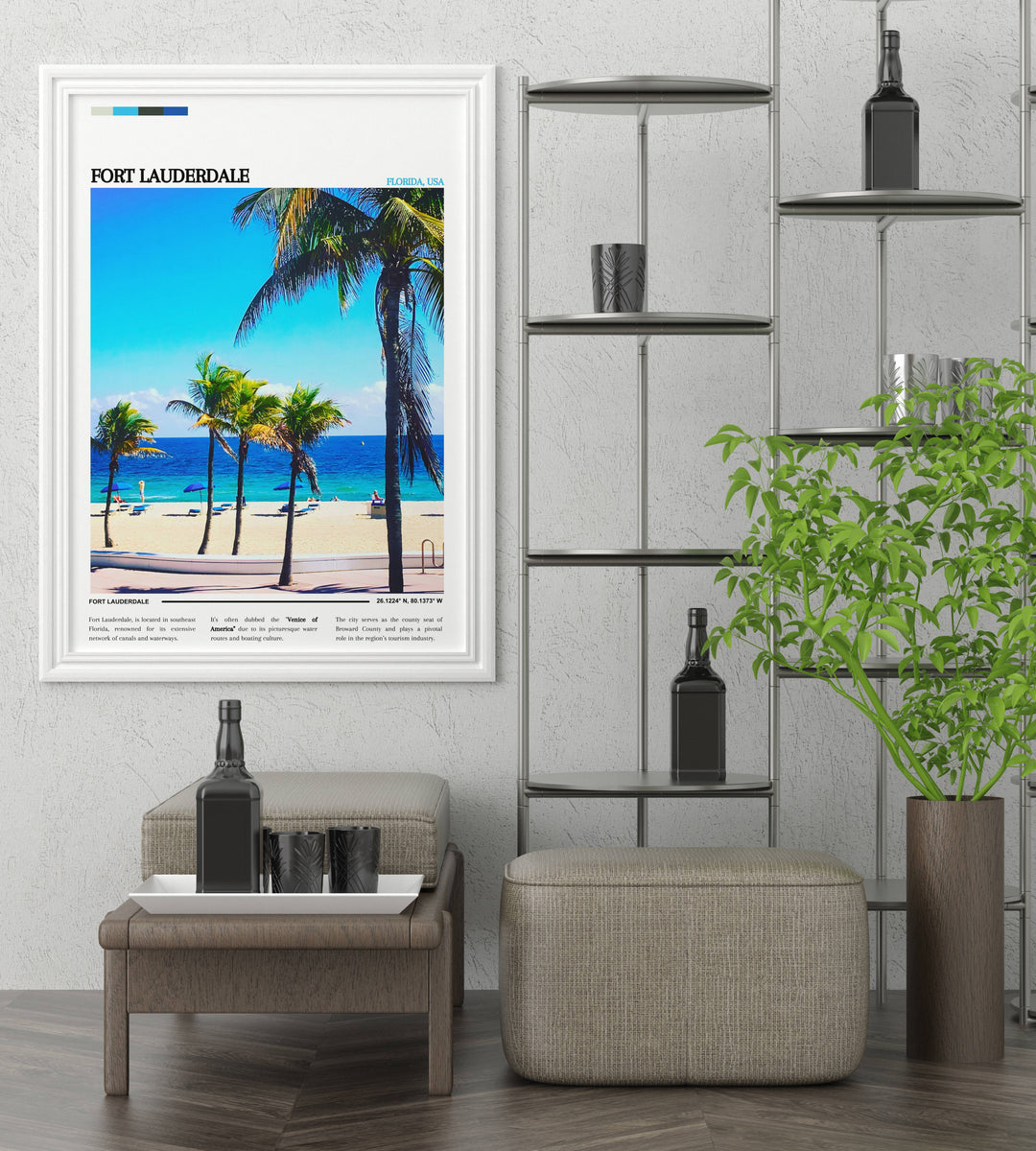Charming street scene of downtown Fort Lauderdale in a vibrant photo print, illustrating the city's urban energy and bustling atmosphere, perfect for urban-themed interiors.