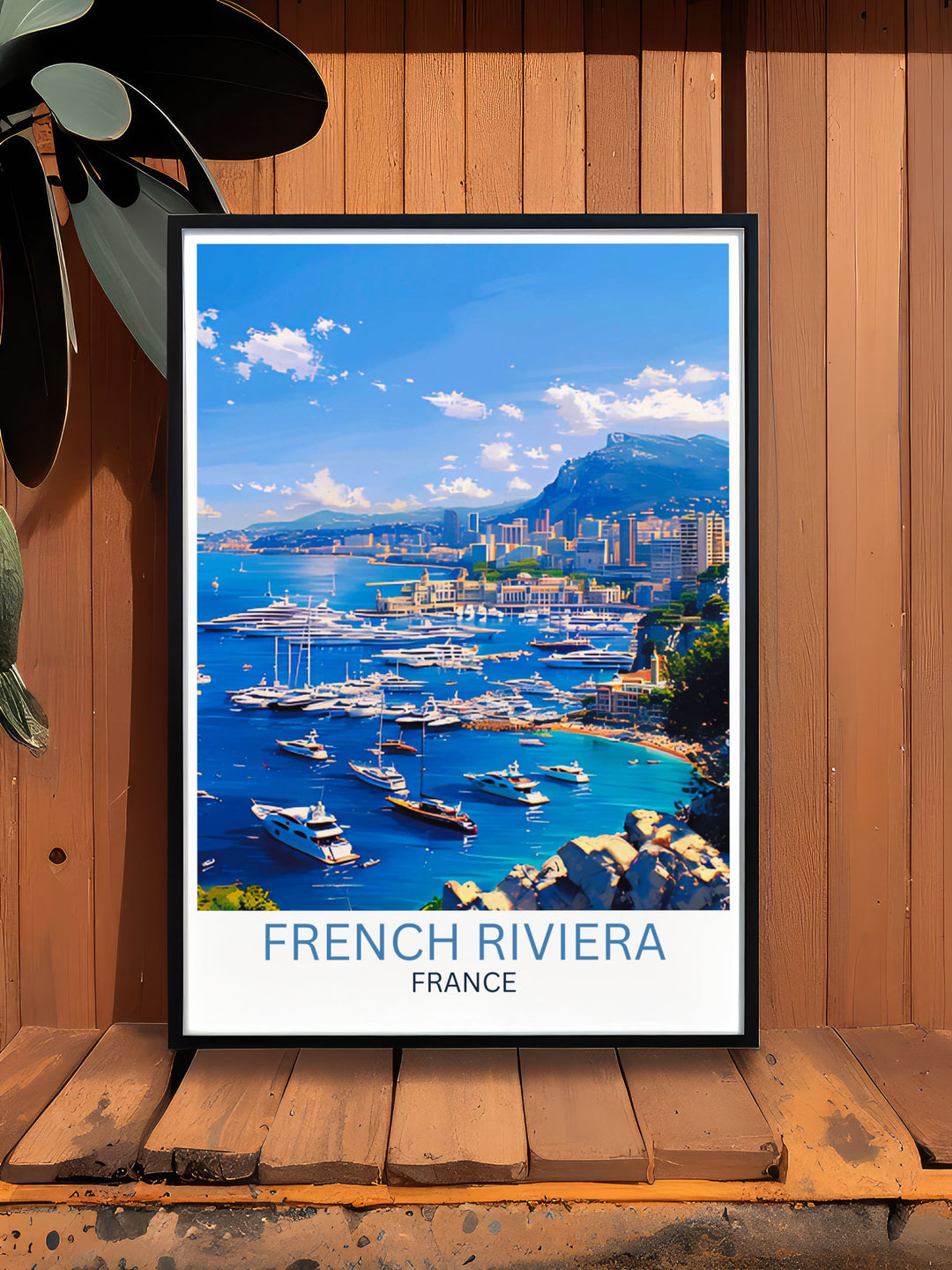 Panoramic shot of the French Rivieras coastline featuring sandy beaches and clear blue skies perfect for a serene wall hanging