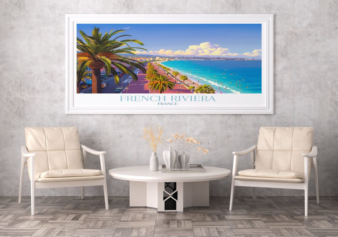 Autumn season on Promenade des Anglais captured with golden leaves and a quieter mood contrasting the summer vibrancy, ideal for seasonal wall art