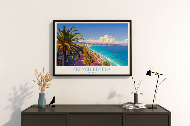 Promenade des Anglais captured in vibrant wall art depicting people enjoying the scenic French Riviera coastline under a bright blue sky