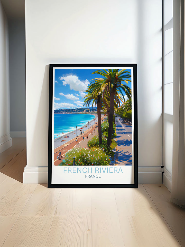 Promenade des Anglais art print showing the bustling French Riviera with people strolling and the azure Mediterranean in the background
