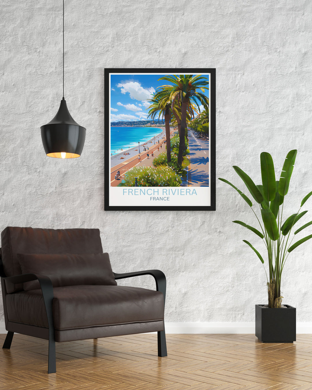 Custom print of the French Riviera tailored to client preferences, showcasing the elegant coastline and vibrant street scenes