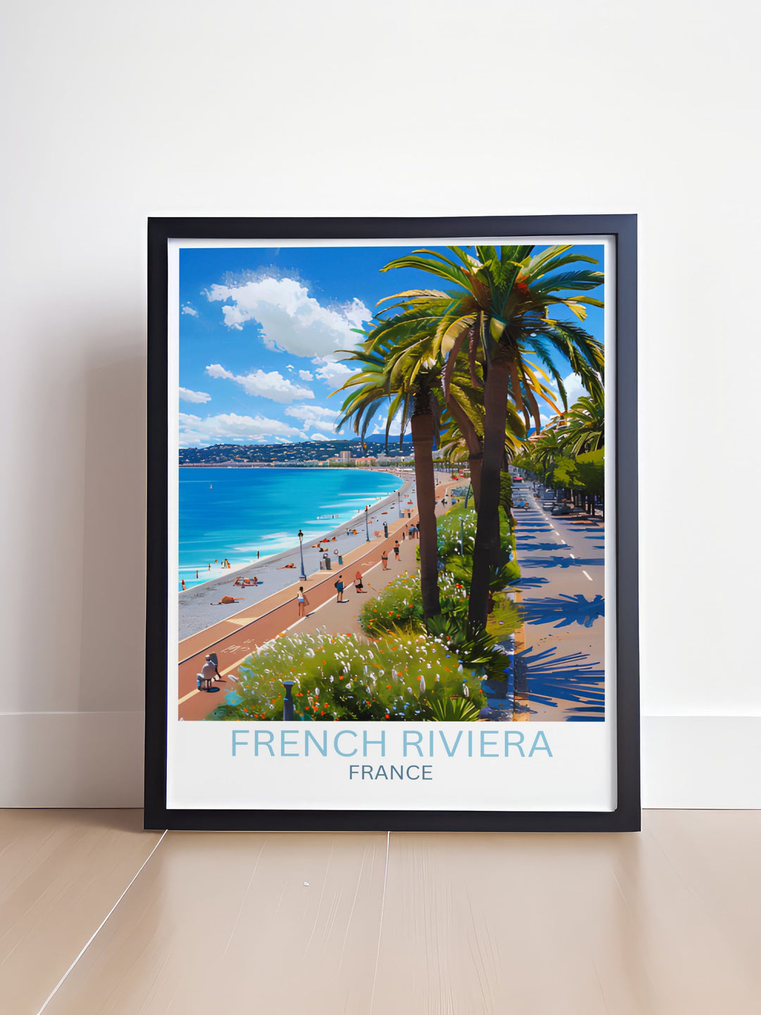 Vintage poster of the French Riviera featuring classic architecture along the sunny Promenade des Anglais, ideal for collectors
