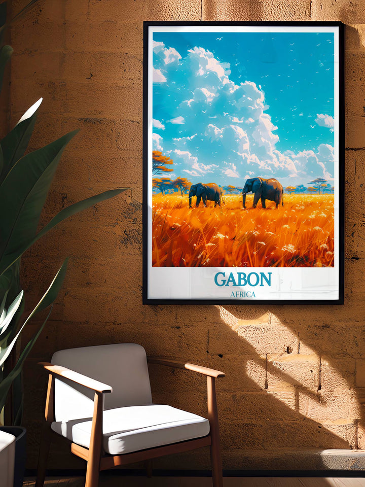 A captivating Gabon travel poster highlighting the serene beauty of Loango National Park next to the iconic Lopé National Park Print.