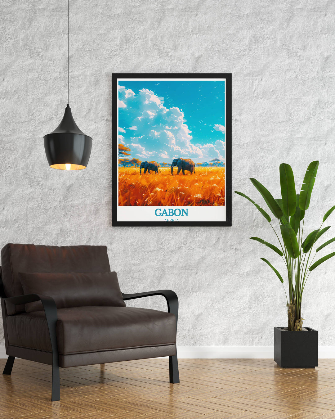 Vibrant artwork featuring Loango National Park and Lopé National Park Print, showcasing Gabons lush landscapes and rich biodiversity in vivid colors.
