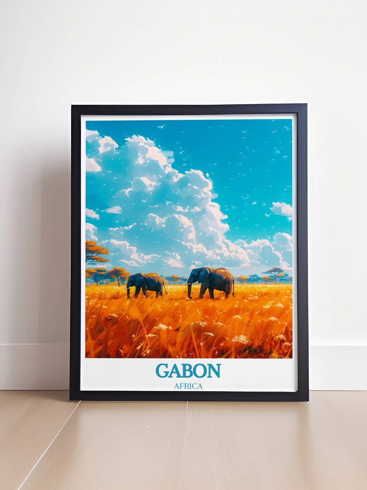 A harmonious blend of nature and art in this Gabon poster, showcasing Loango National Park and the historical significance of Lopé National Park Print.