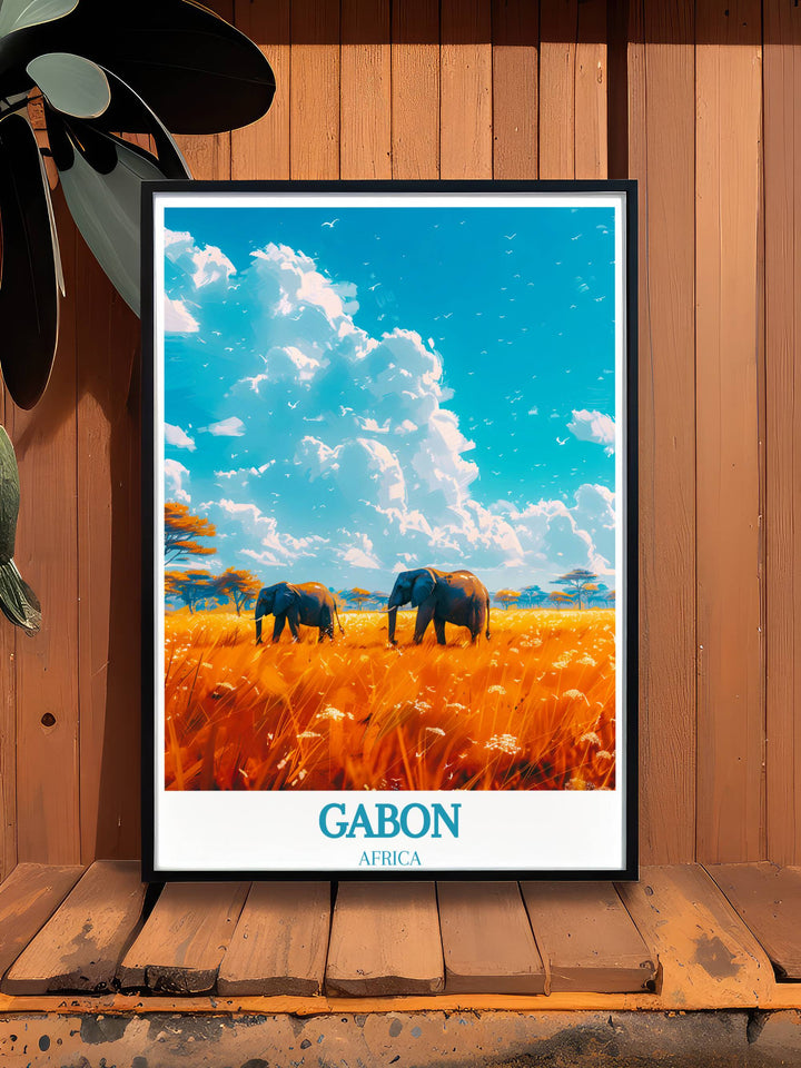 A dynamic Gabon artwork capturing the essence of Loango National Park wildlife and the lush greenery of Lopé National Park Print.