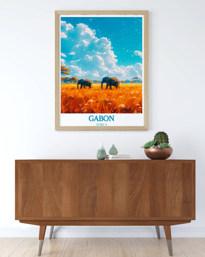 A mesmerizing Gabon wall art piece featuring a panoramic view of Loango National Park and the rich ecosystems of Lopé National Park Print.