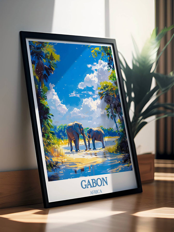 Engaging Gabon Wall Art piece brings to life the contrasting environments of Loango National Park and Lopé National Park Print.