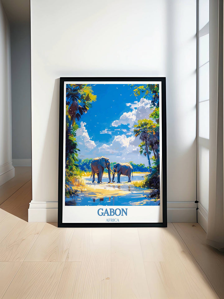 Stunning Gabon Wall Art captures the serene beauty of Loango National Park and the vibrant wilderness of Lopé National Park Print.