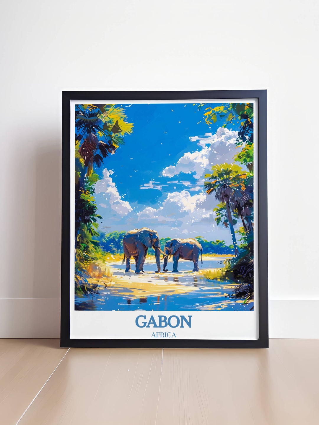 Detailed Gabon Art Print showcases the diverse ecosystems of Loango National Park alongside the majestic landscapes of Lopé National Park Print.