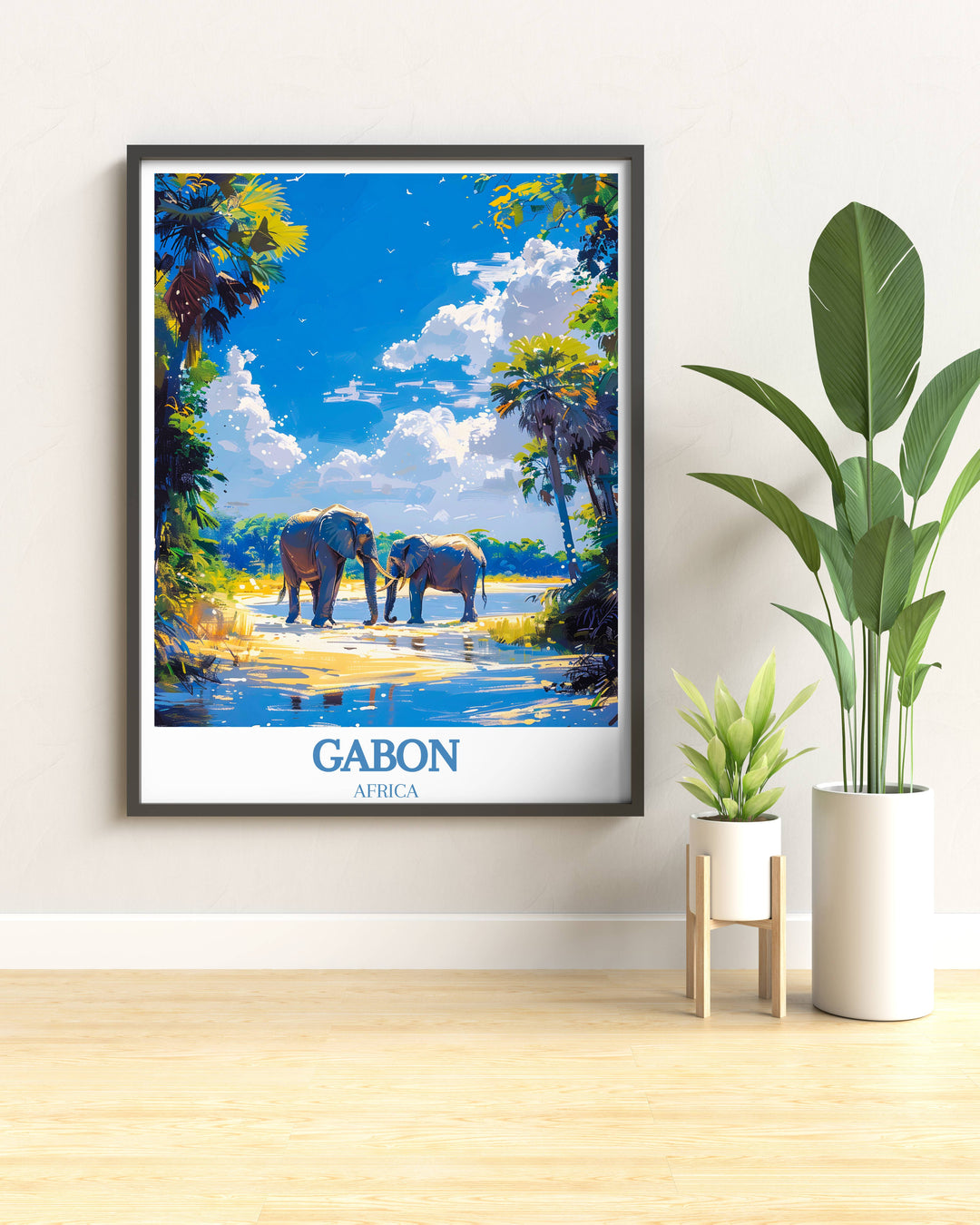 Inspiring Gabon Travel Poster merges the adventurous allure of Loango National Park with the peaceful beauty of Lopé National Park Print.