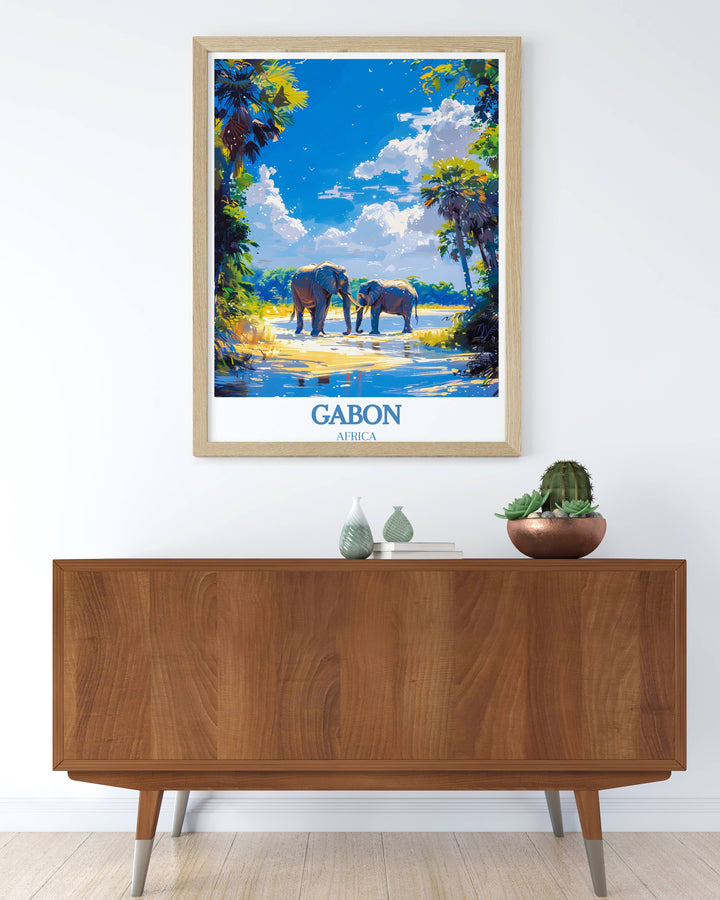 Vibrant Gabon Artwork highlights the rich wildlife of Loango National Park and the lush greenery of Lopé National Park Print.