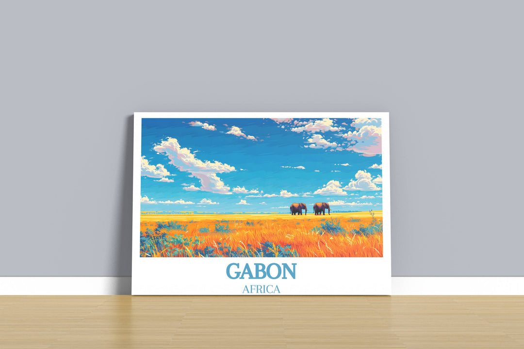 Gabon Poster art celebrating the conservation success and natural splendor of Loango National Park and Lopé National Park, inspiring environmental awareness.