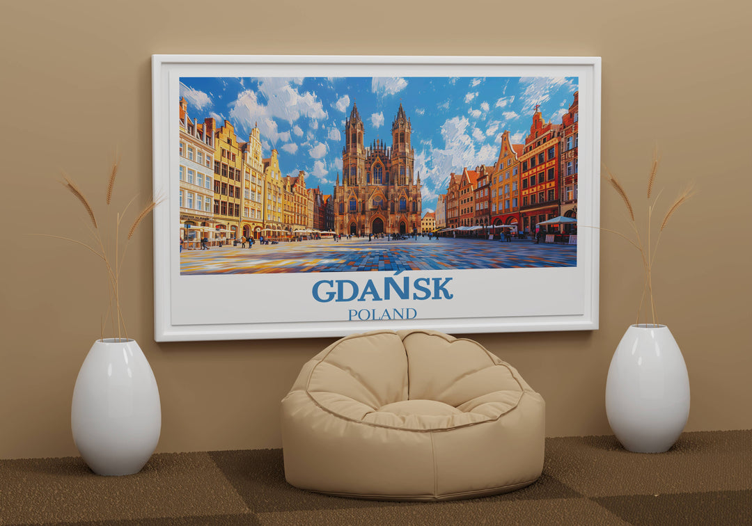 A striking Gdańsk Poster Print featuring iconic scenes of the city, meticulously designed to capture the imagination and inspire wanderlust.