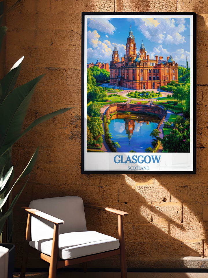 This Glasgow travel print wall art encapsulates the essence of the city, serving as a stunning Glasgow wall hanging or home décor piece, perfect for those wishing to gift a piece of Scotland to art lovers