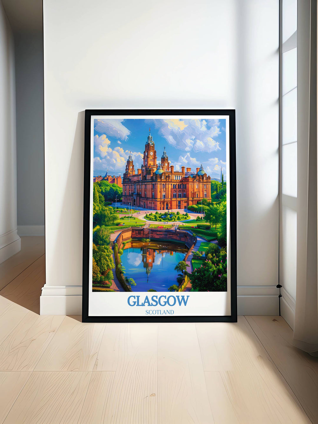 Explore Glasgows lively streets with our digital travel poster art, capturing the citys essence in vibrant colors, perfect for enthusiasts seeking printable Glasgow, Scotland travel pieces for their home décor.