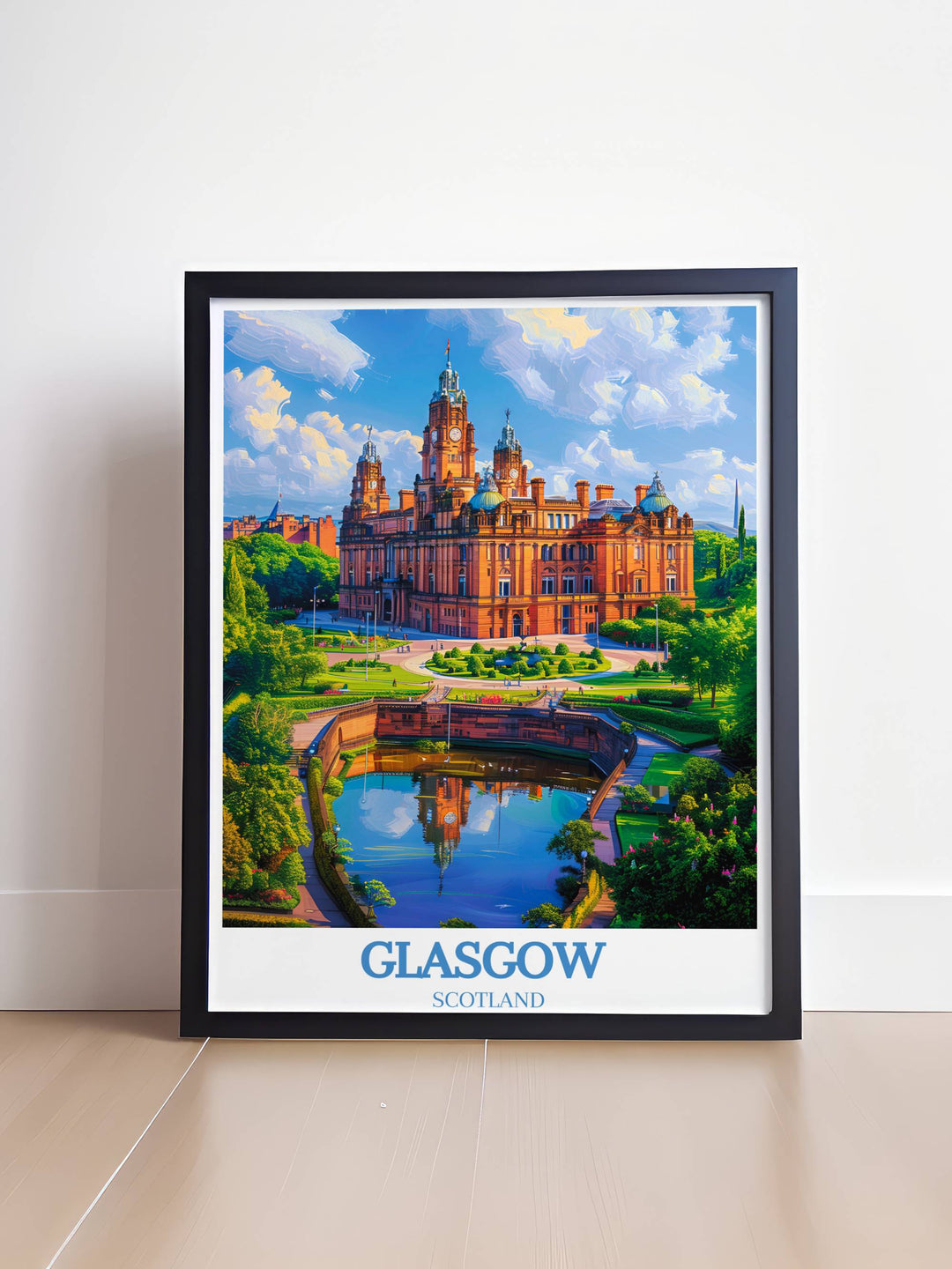 This Scotland wall art piece showcases Glasgows stunning architecture and scenic beauty, ideal for those looking to add a touch of Scottish charm to their collection of travel wall art and Glasgow prints